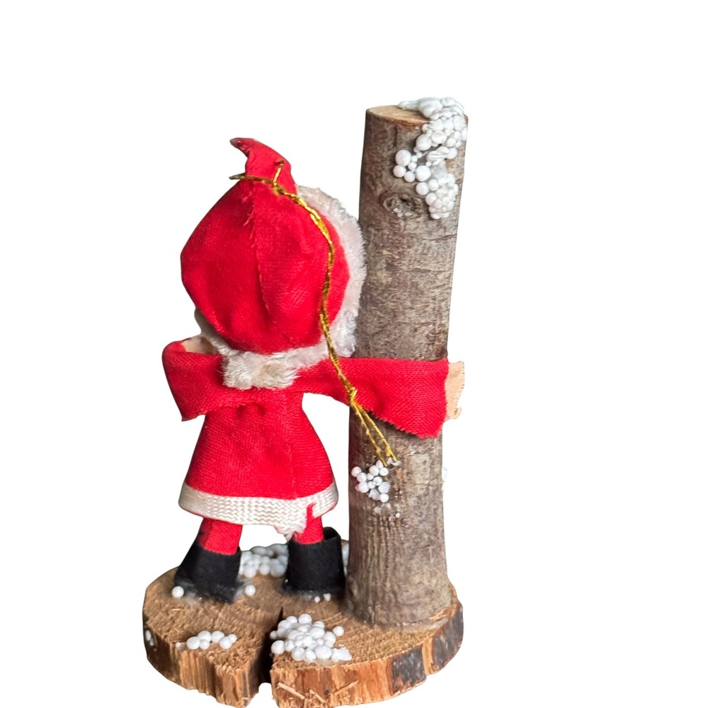 Vintage Christmas Santa Claus Figurine Fabric Face Wood Log Base Rustic Decor - Picture 2 of 5